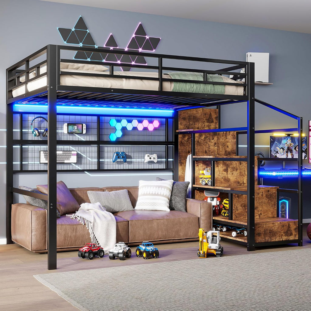 Cama alta (140 x 200 cm), marco de hierro, armario, escalera de almacenamiento, rejilla para colgar objetos, espacio libre debajo de la cama, luces LED de 7 colores, sin colchón, color negro