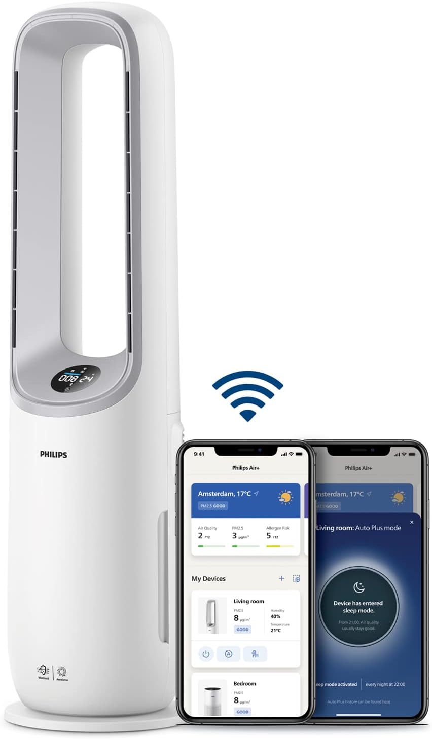 Philips Air Performer 3w1 - wentylator, oczyszczacz powietrza i grzejnik, Filtr NanoProtect HEPA, Usuwa alergeny, wirusy, bakterie, zapachy i 99,97% pyłków z powietrza, Cichy, Kolor Szary (AMF870/15)