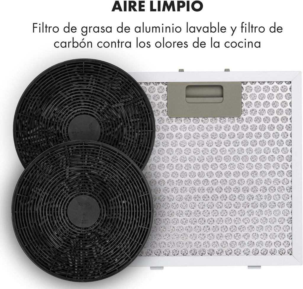 Klarstein Barett - Campana extractora aislada, Ø 35cm, Potencia de 190 W, Ventilación máxima de 590 m³/h, 3 niveles de potencia, CEE B, Iluminación LED, Acero inoxidable cepillado, Blanco