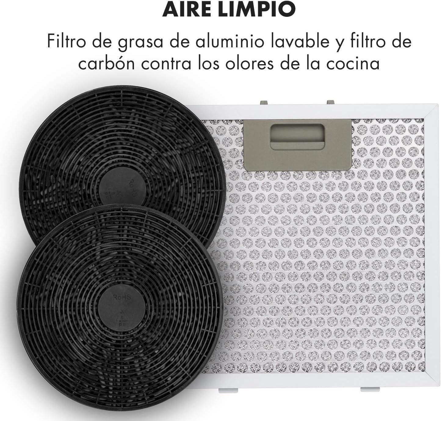 Klarstein Barett - Campana extractora aislada, Ø 35cm, Potencia de 190 W, Ventilación máxima de 590 m³/h, 3 niveles de potencia, CEE B, Iluminación LED, Acero inoxidable cepillado, Blanco