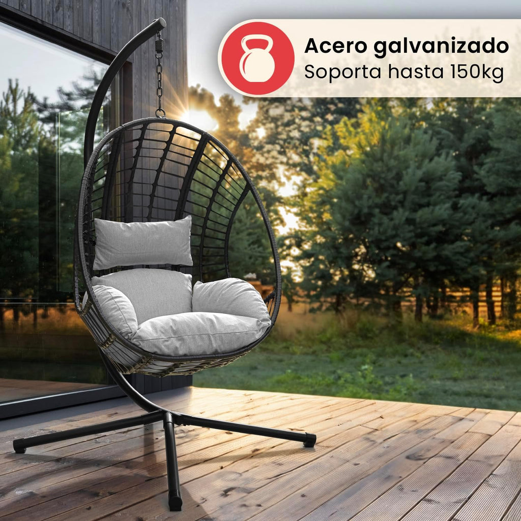 Swoods XXL Silla Colgante de Jardín - para Interior y Exterior - Silla Colgante con Base - Incluye Cojines - Resistente a la Intemperie - Carga máxima 150 kg