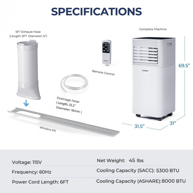 Aire Acondicionado Portátil 3 en 1 de 8000 BTU con Deshumidificador y Modo Ventilador
