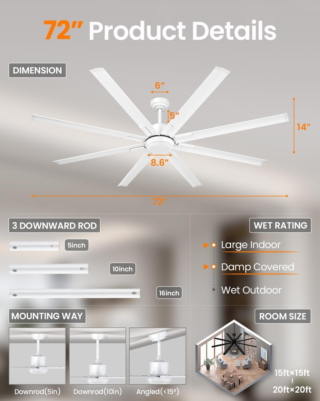 183cm Extra Grande 8 Aspas de Aluminio Ventilador de Techo con Luz y Mando, Silencioso Lampara Ventilador Techo con Reversible Motor DC para Exterior Terraza, Habitación Grande