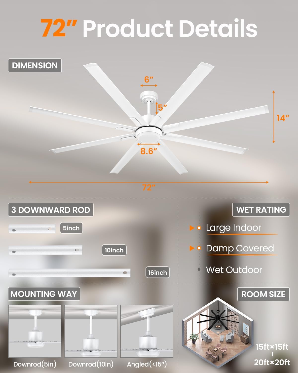 183cm Extra Grande 8 Aspas de Aluminio Ventilador de Techo con Luz y Mando, Silencioso Lampara Ventilador Techo con Reversible Motor DC para Exterior Terraza, Habitación Grande