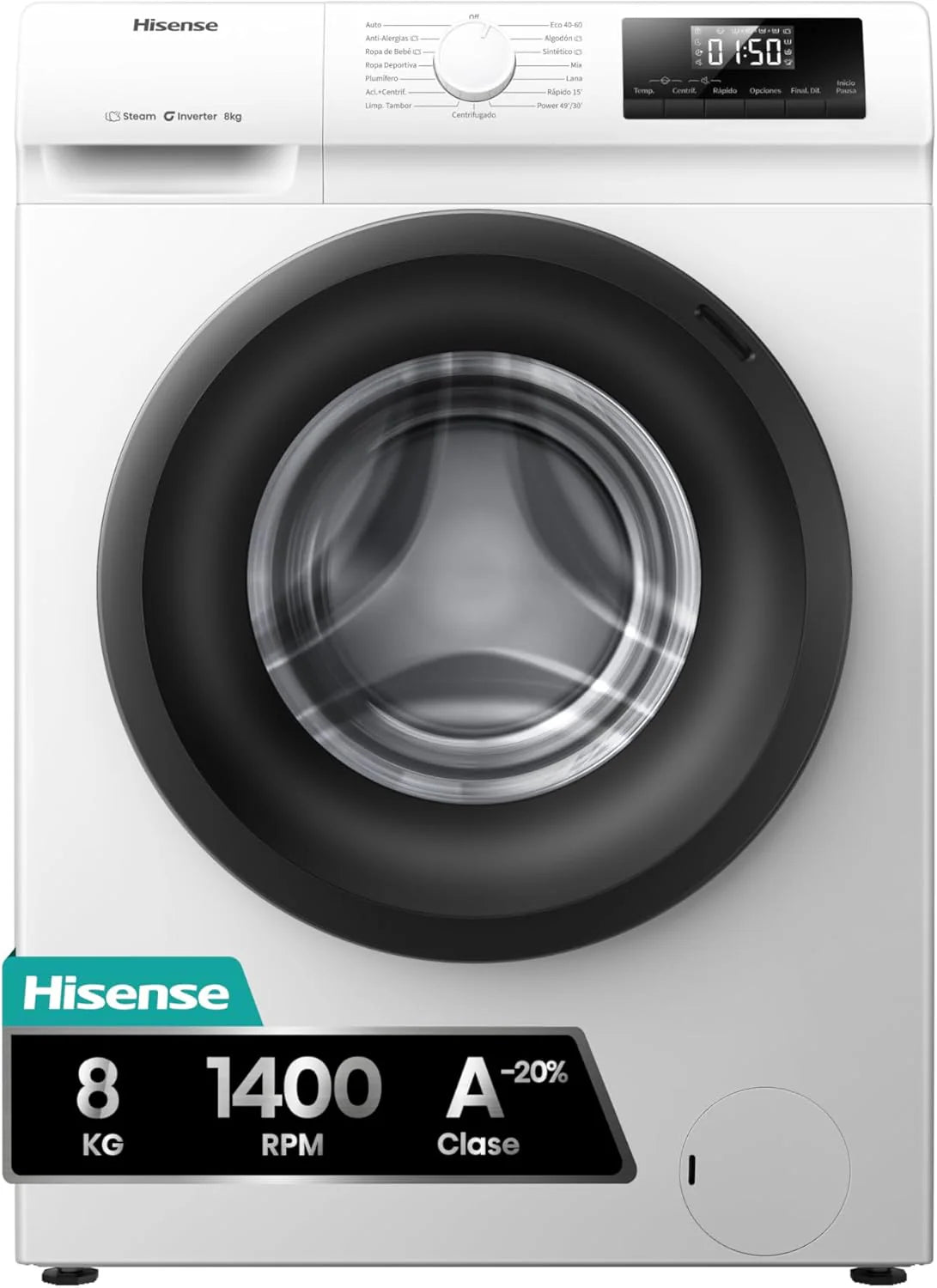 Hisense WF1Q8041BW2 – Washing Machine, Class A, 8 kg, 1400 rpm, Height 85 cm x Width 60 cm, White, Steam Function 99.9%, Fast Washing+, Automatic Wash, Deferred Finalization, Inverter Technology
