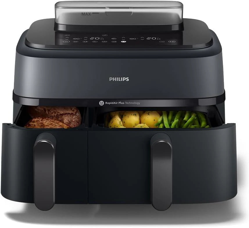 Philips Airfryer 5000 Series Dual Steam Basket - 9L, RapidAir Plus Technology, 19 Functions in 1, 90% Less Fat, Air Steam, 2 Baskets, 2 Sizes, Steam Cooker, Accessories (NA550/00)