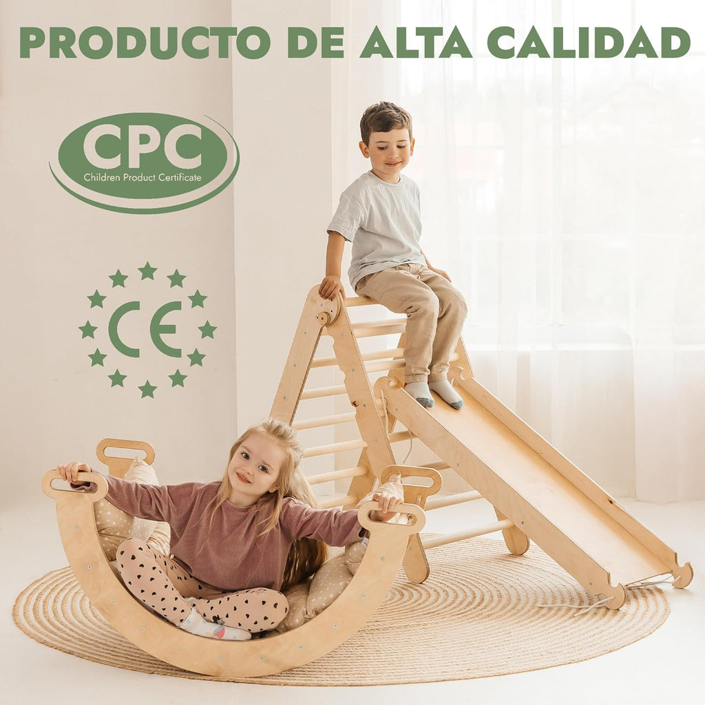 5 en 1 Montessori Juego de Escalada Interior para Niños Pequeños - Gimnasio de Madera para Niños Escalera Triangular & Arco & Rampa de Escalada & Red & Cojín - Gimnasio de Madera para niños pequeños