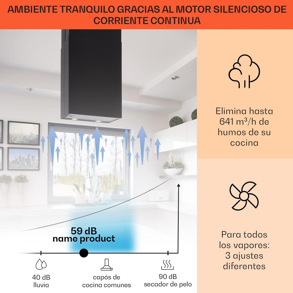Klarstein Campana Isla Cocina, Extractor para Islas, Campana Techo Flujo Aire 641m³/h, Temporizador, Extractora Isla Regulable, Humos 3 Modos y Filtros de Carbón Activo