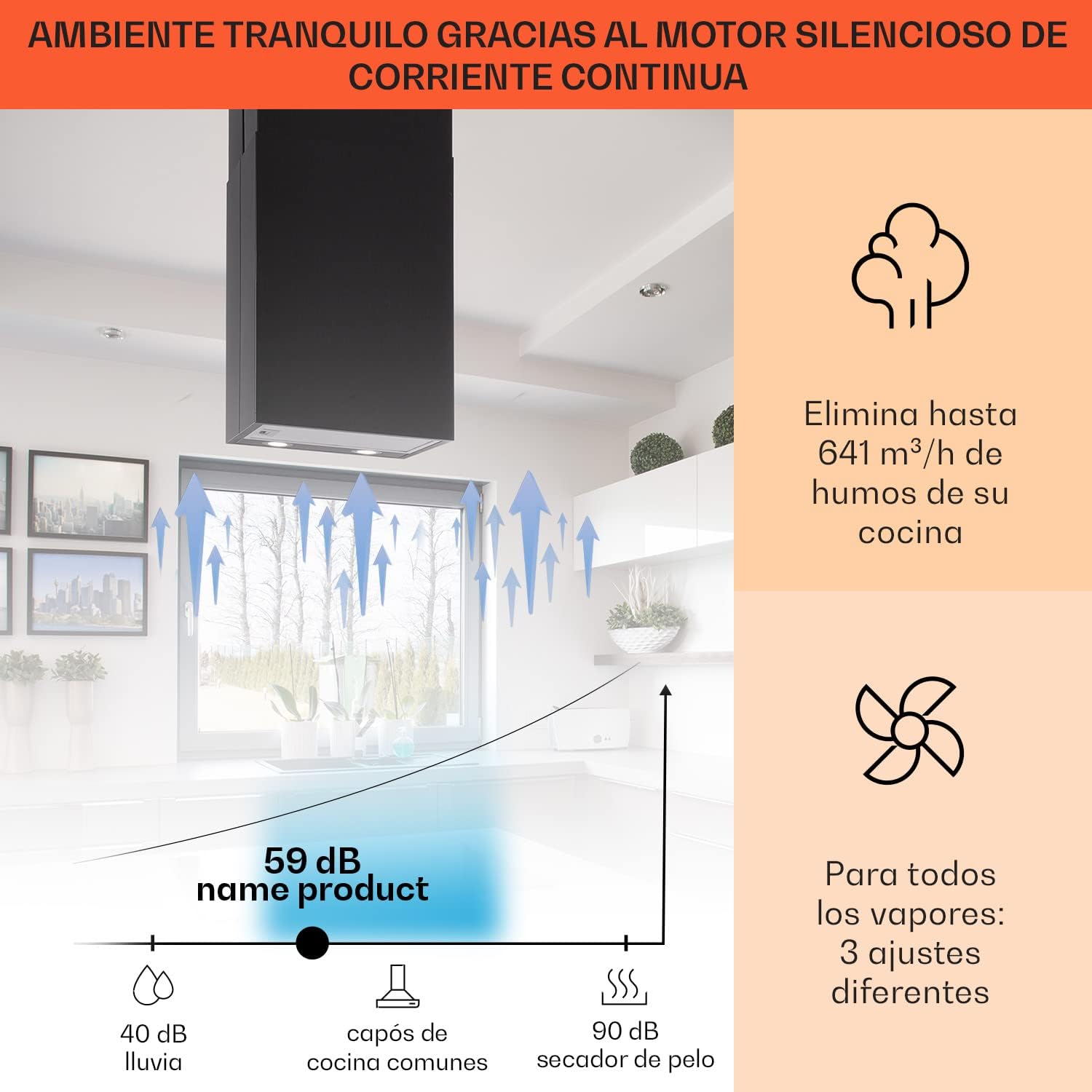 Klarstein Campana Isla Cocina, Extractor para Islas, Campana Techo Flujo Aire 641m³/h, Temporizador, Extractora Isla Regulable, Humos 3 Modos y Filtros de Carbón Activo