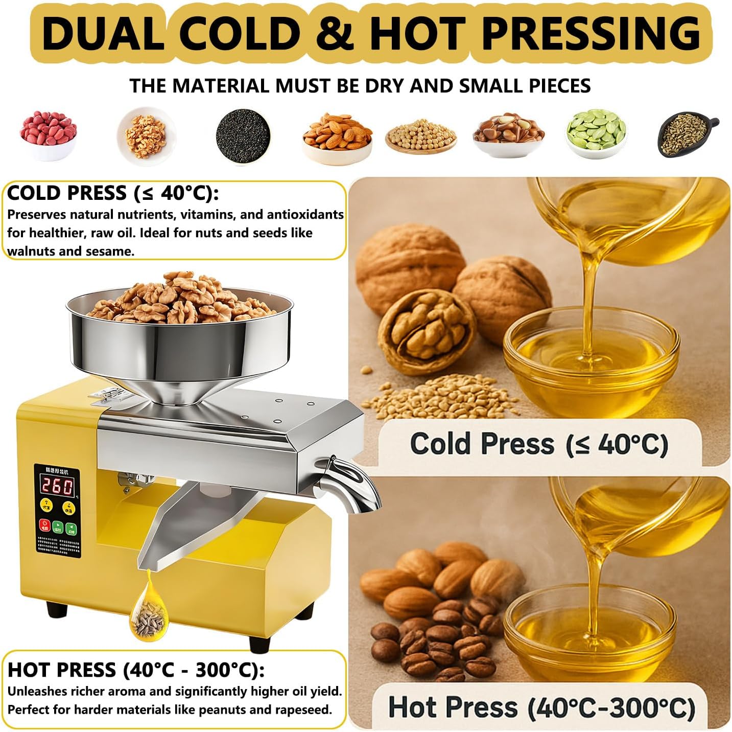 Prensa de Aceite Eléctrica Automática 1500W | Extractor de Aceite de Acero Inoxidable a Frío y Calor | Para Huesos de aceituna,Nueces,Sésamo,Coco,Soja,Almendra|Control de Temperatura Inteligente