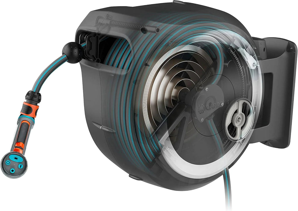 Gardena Rollup L Wall Hose Reel (White) 30m with 1 Comfort Multi-Sprinkler, Integrated Hose Guide, Inc. 30m Quality Hose and Auxiliary Mounting (18627-38)