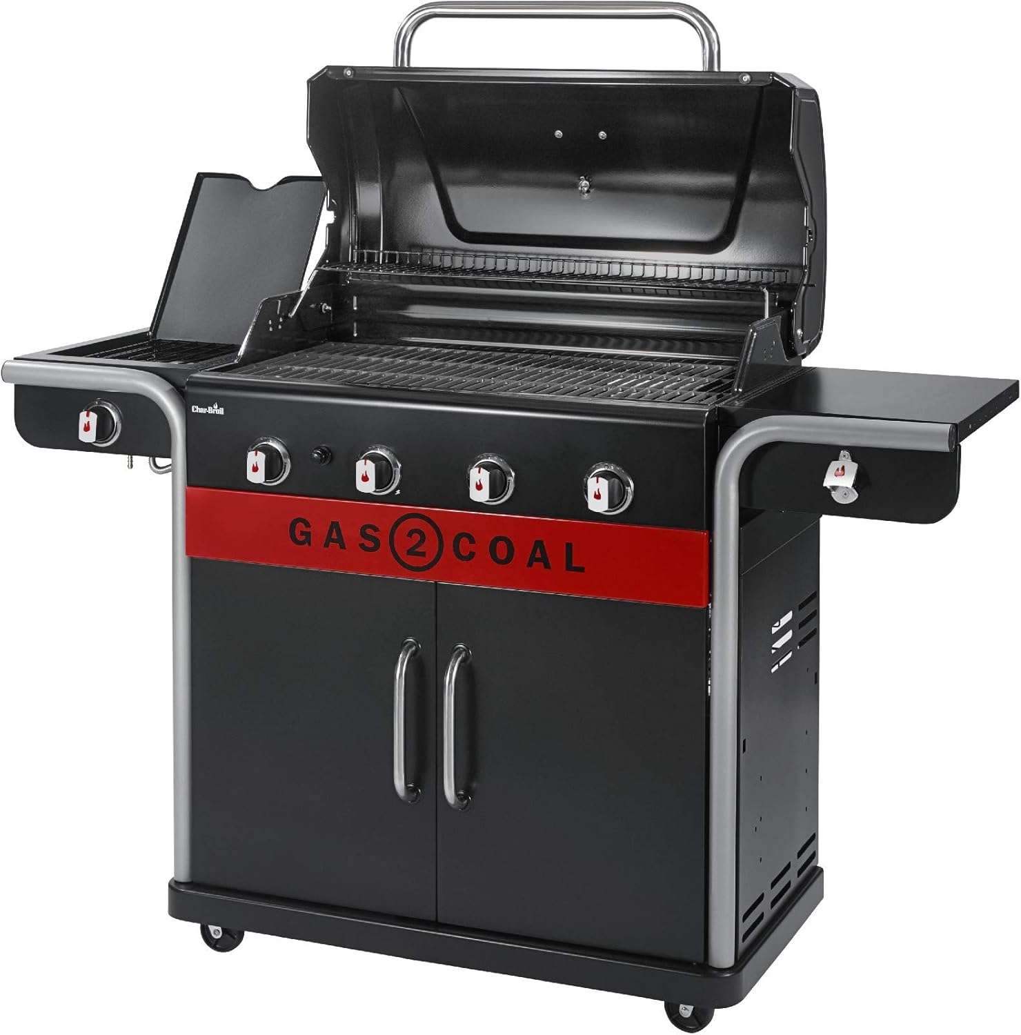 Char-Broil Barbacoa de Gas Gas2Coal 2.0 440 - Barbacoa híbrida de 4 quemadores con 2 bandejas para carbón patentadas, 2 grandes puertas - Ideal para cocinar al aire libre, jardín y patio