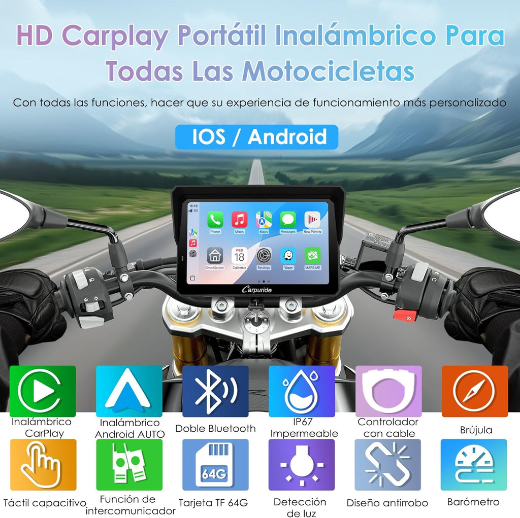 CARPURIDE W702S Pro Motocicleta CarPlay Pantalla con BM05 Soporte para Conectar y Usar, Inalámbrico CarPlay y Android Auto, 7" Impermeable Táctilpantalla, Dual Bluetooth, Control con Cable, Brújula.