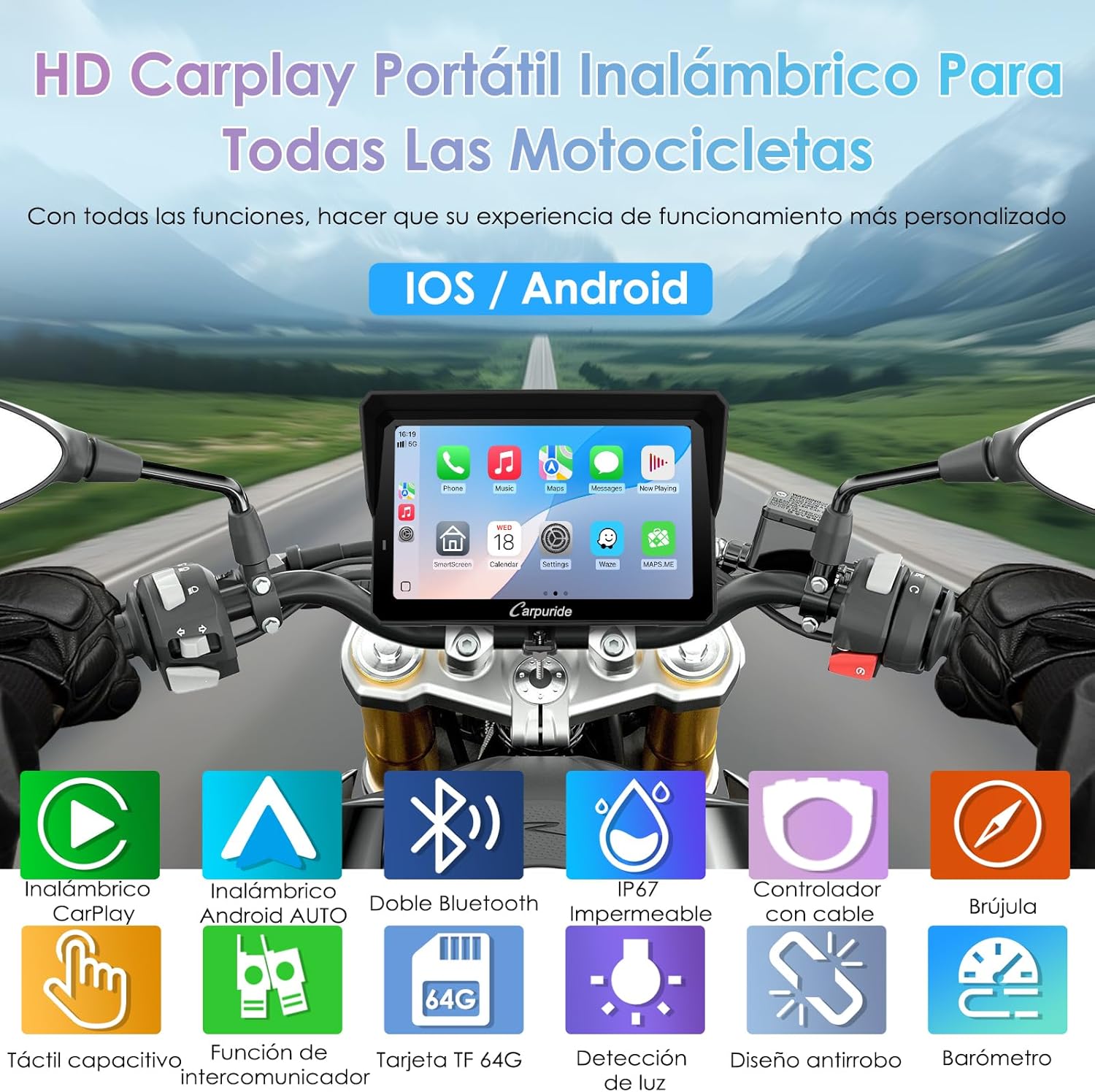CARPURIDE W702S Pro Motocicleta CarPlay Pantalla con BM05 Soporte para Conectar y Usar, Inalámbrico CarPlay y Android Auto, 7" Impermeable Táctilpantalla, Dual Bluetooth, Control con Cable, Brújula.