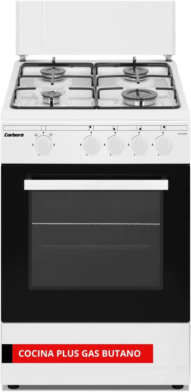 Corberó – Kitchen Plus | 50 cm | CCSF45020BW | 4 Burner Butane Gas | Oven 43L | Metal Lid | Double Glass Door | Tray and Grill Chrome | Automatic Safety Shut-off | White