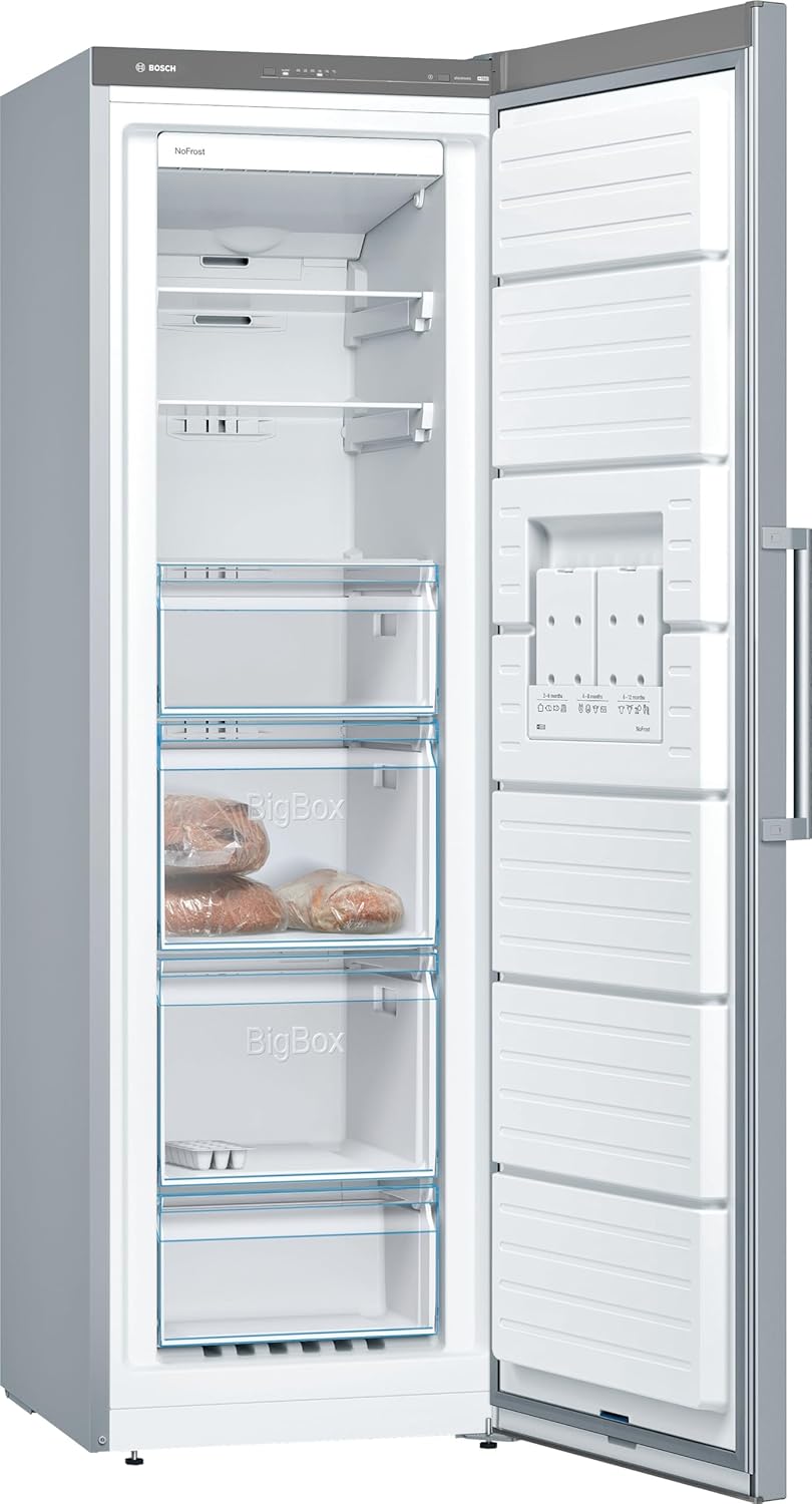 Bosch - Congelador Vertical NoFrost, Serie 4, alto 186 x ancho 60 cm, 242 L, Cajones BigBox para alimentos grandes, Sistema Multiairflow, Acero, GSN29VIEP