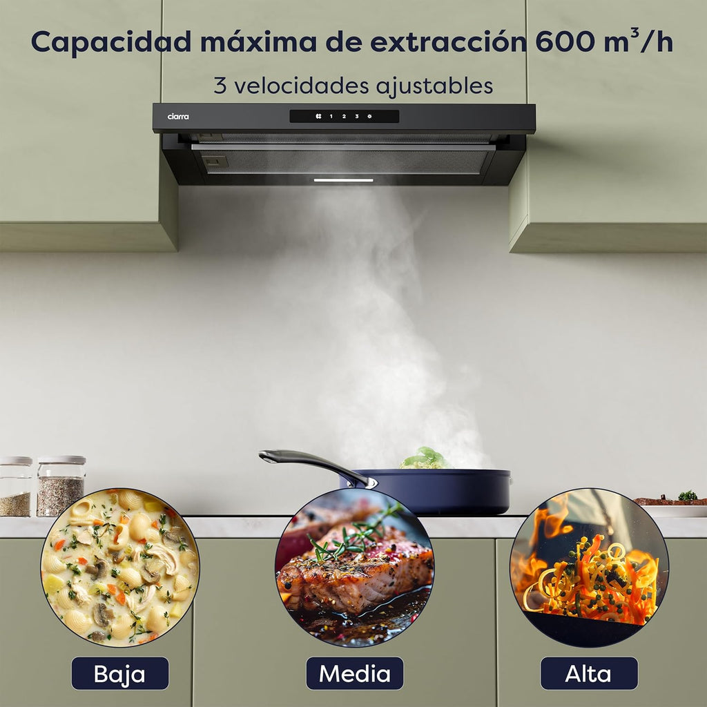 CIARRA CBCB6909A Campana Extractora Telescópica Negra Cocina 60 cm 600 m³ / h Clase A+ 3 Niveles Control Táctil Iluminación LED Filtro de Carbón CBCF055