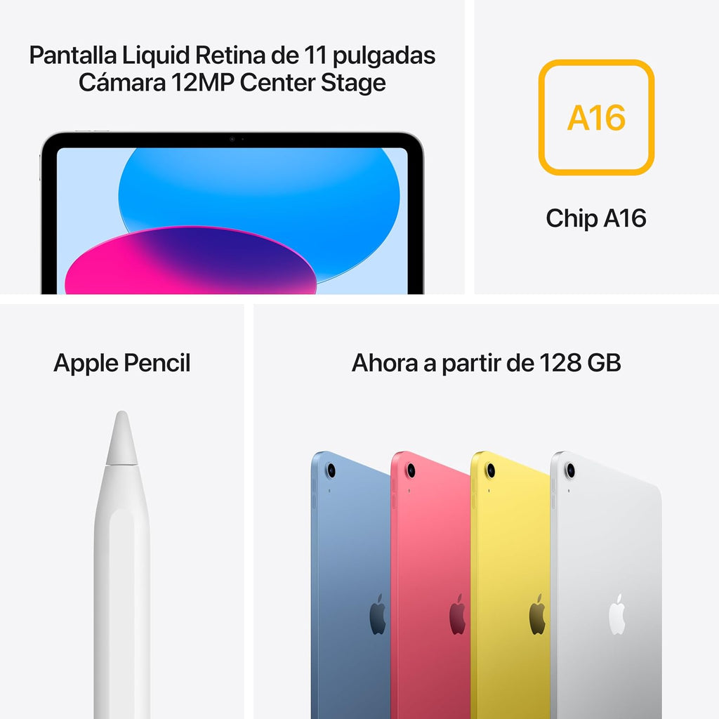iPad de 11 Pulgadas: Chip A16, Modelo de 11 Pulgadas, Pantalla Liquid Retina, 128 GB, Wi Fi 6, cámaras Frontal y Trasera de 12 Mpx, Touch ID, autonomía para un día Entero – Plata