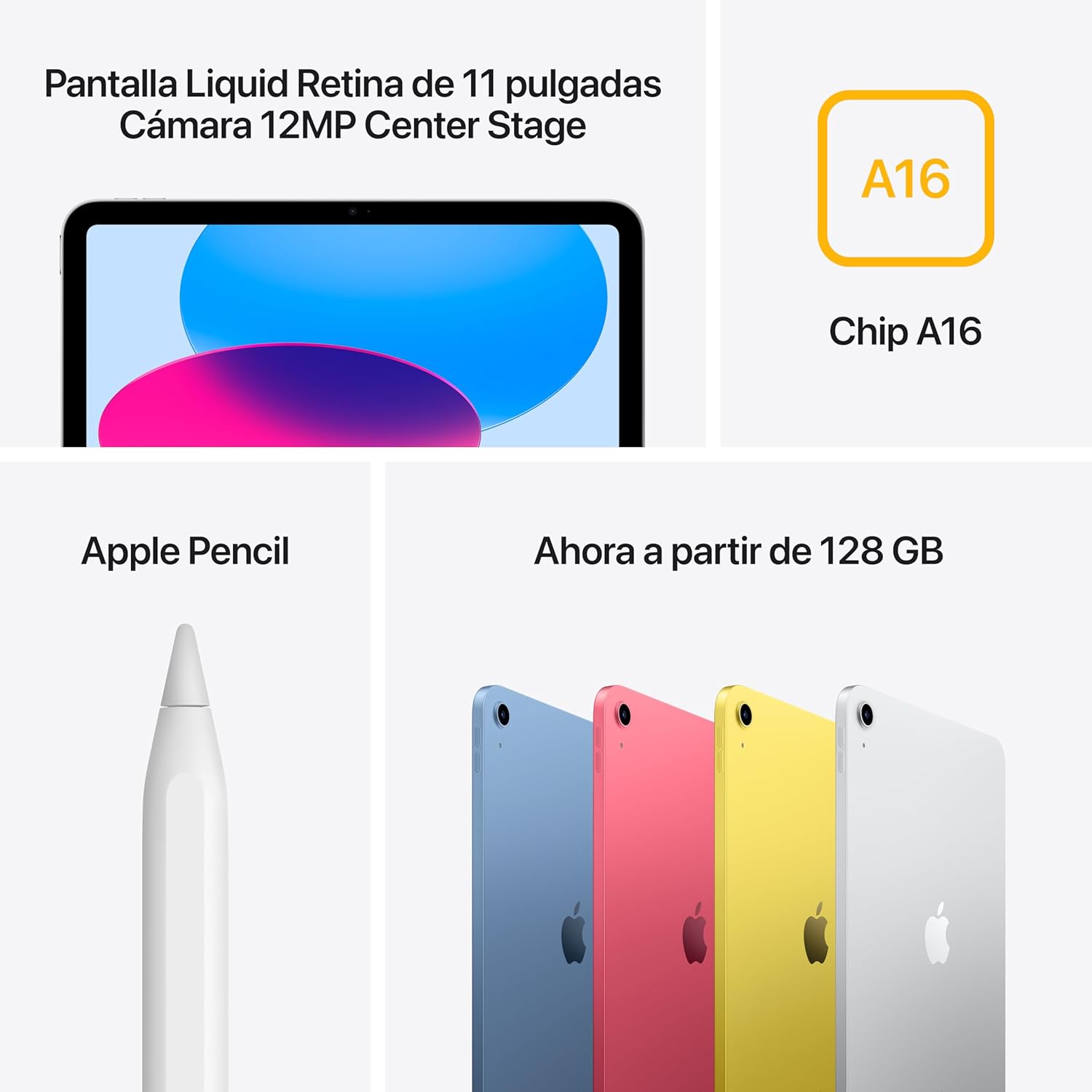 iPad de 11 Pulgadas: Chip A16, Modelo de 11 Pulgadas, Pantalla Liquid Retina, 128 GB, Wi Fi 6, cámaras Frontal y Trasera de 12 Mpx, Touch ID, autonomía para un día Entero – Plata