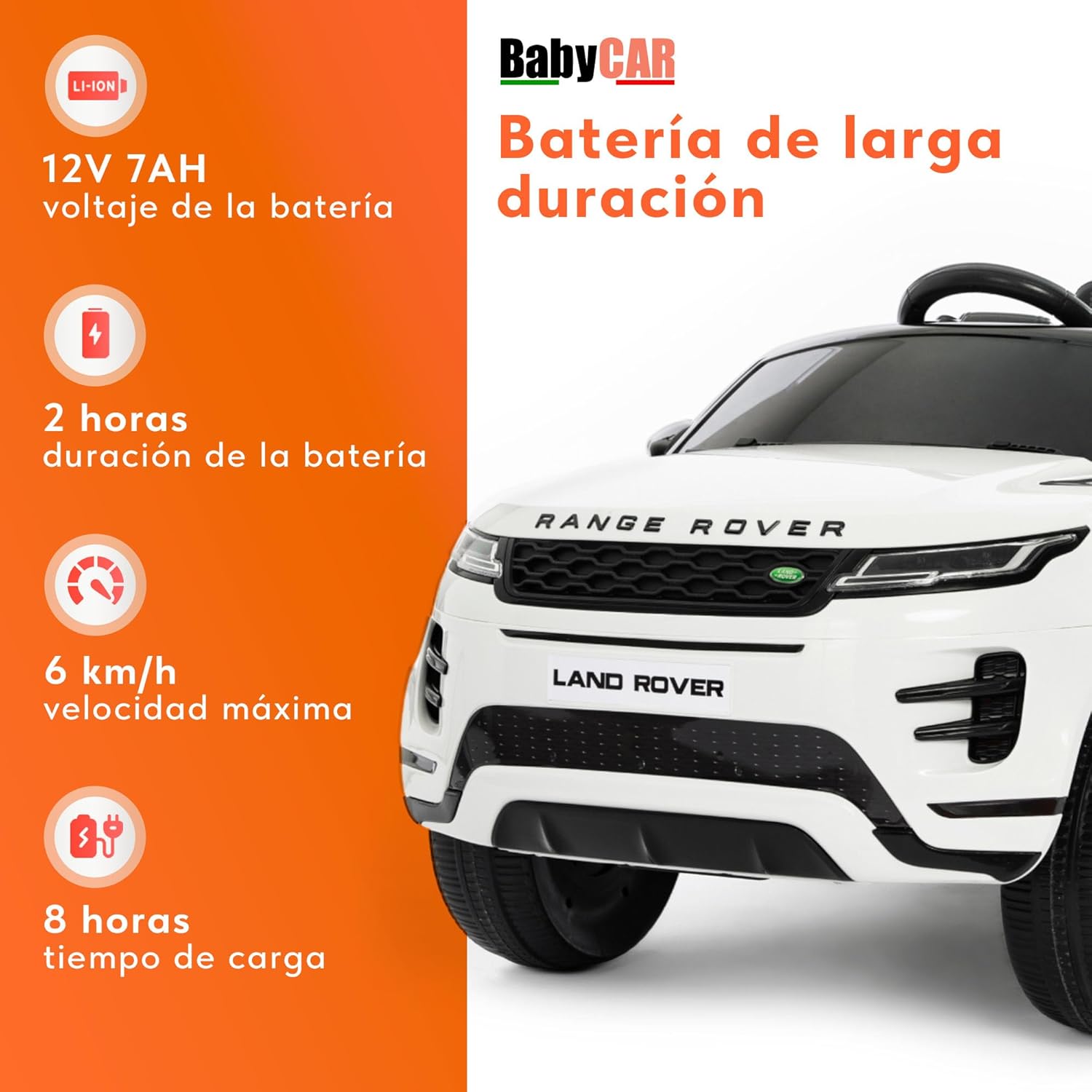 BabyCar Range Rover | Coche electrico para niños 12V con 2 Motores 35W | Coche Bateria con Mando Niño, Asiento de Piel, Puertas abatibles, MP4/USB | Licencia Oficial | Blanco