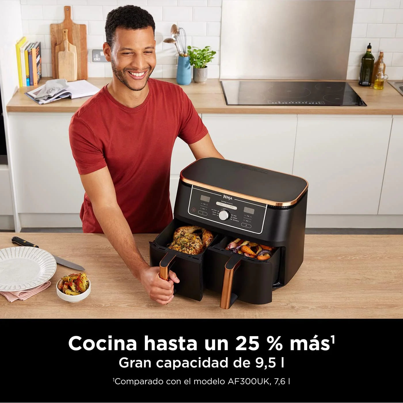 Ninja Foodi MAX Dual Compartment Air Fryer, 9.6L, 6-in-1, No Oil, Max Crisp, Roast, Bake and More, Tongs, 8 Servings, Non-Stick Baskets, Copper & Black, AF400EUCP