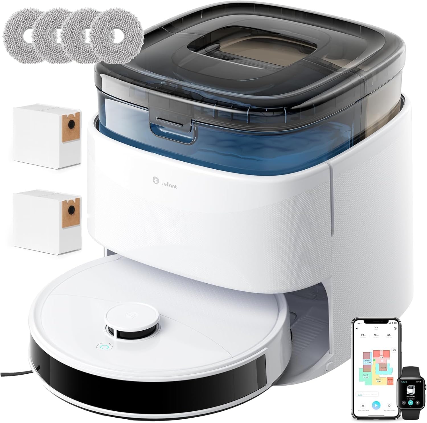Lefant M3 Robot Aspirador y Friegasuelos con Base de Autovaciado, Navegación Láser dToF, Mapeo Inteligente, Evitación Obstáculos PSD 190°, 12000Pa, Autonomía 220mins, WiFi/Alexa/APP/i Watch, 2,4G & 5G