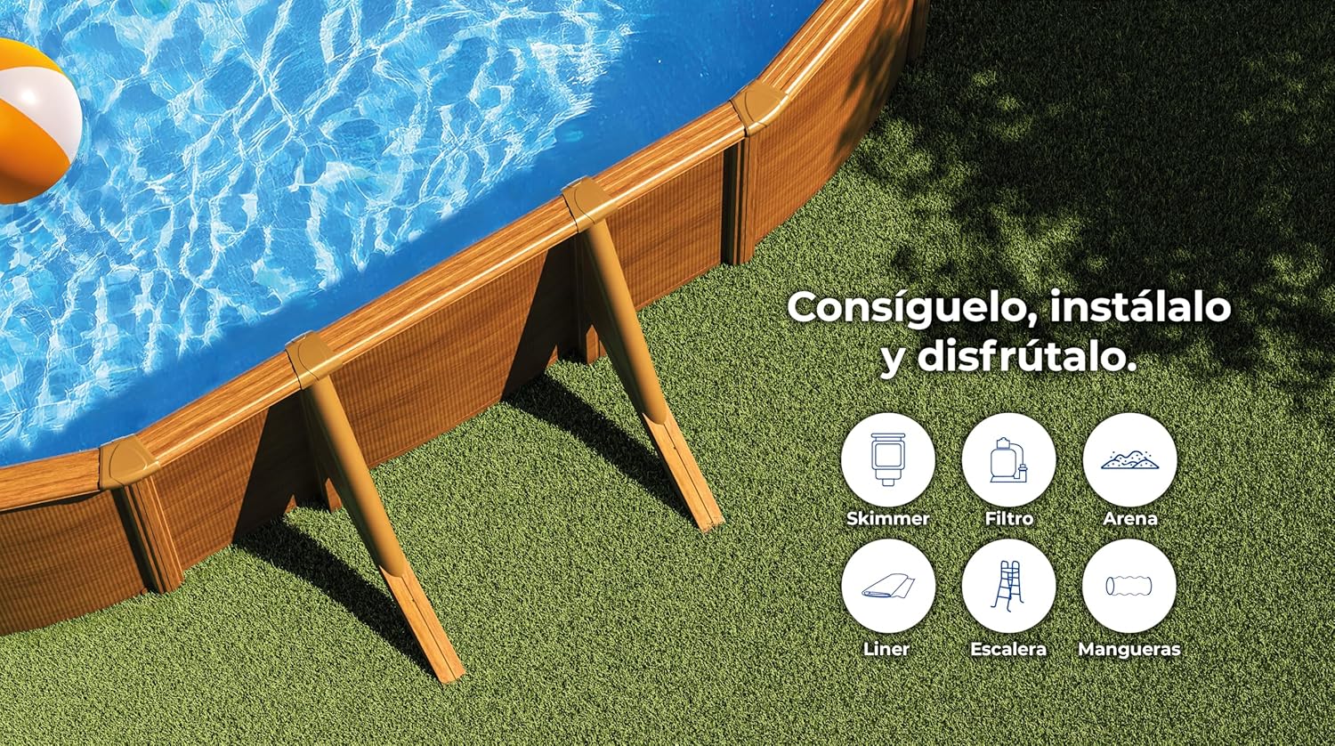 Piscina de Acero Elevada,Ovalada con Aspecto Madera. Piscinas Desmontables para Jardín. 730 x 375 x 120 cm - Piscina Gre KIT730W Pacific.