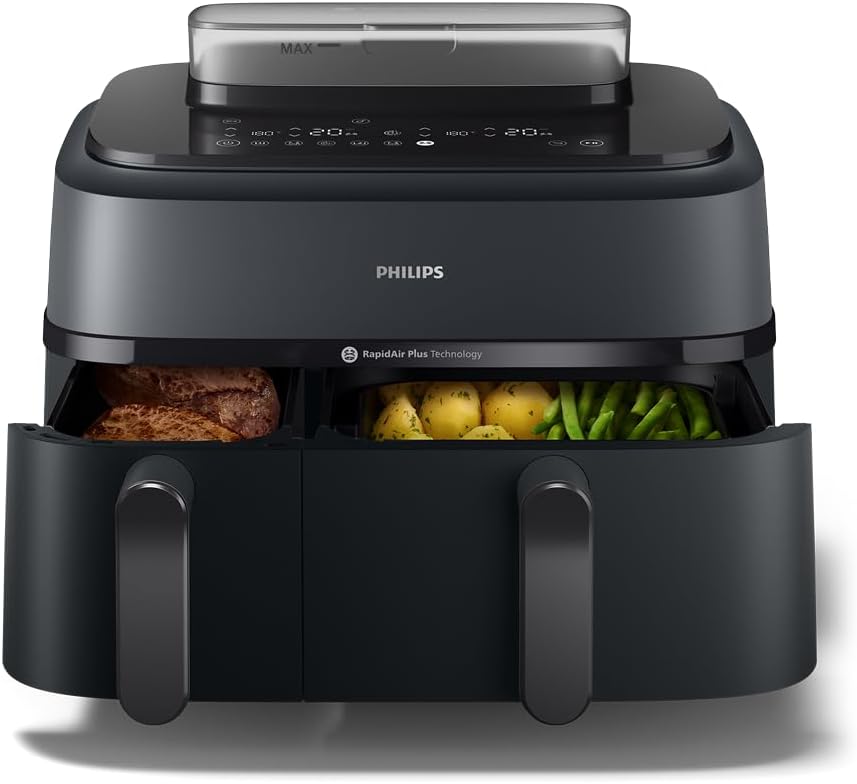 Philips Ovi Dual Basket z parą - Wyjątkowe funkcje gotowania Steamfry, Gotowania na parze, Airfry - 19 sposobów gotowania; pojemność 9L (3L + 6L), RapidAir Plus, automatyczne SteamClean (NA550/00)