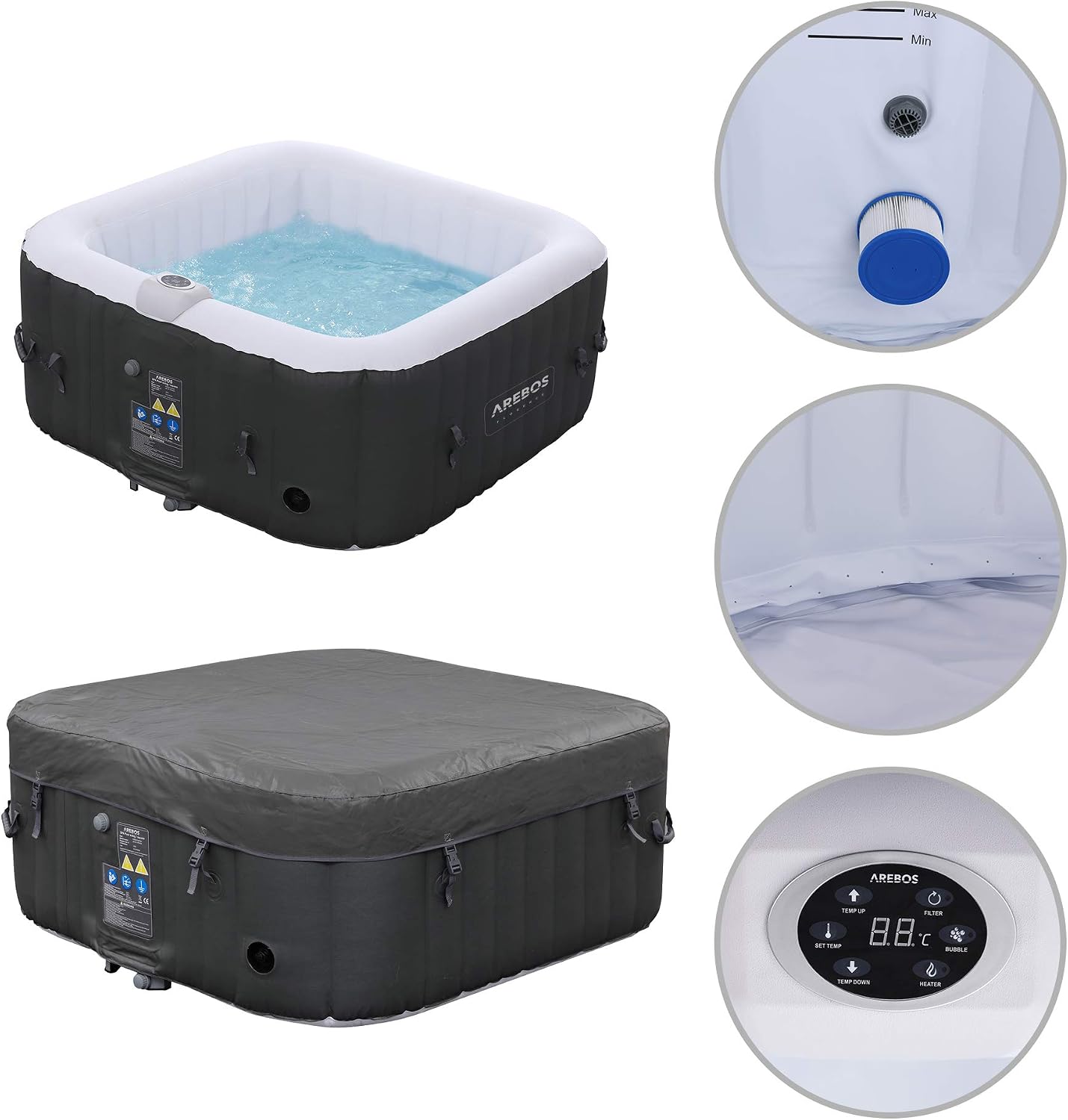 Arebos Nadmuchiwane | Whirlpool Pure | | 4 osoby | 130 dysz do masażu | Spa Dobre samopoczucie Ogrzewanie | 550 litrów | z pokrywą | Bubble Spa & Wellness masaż