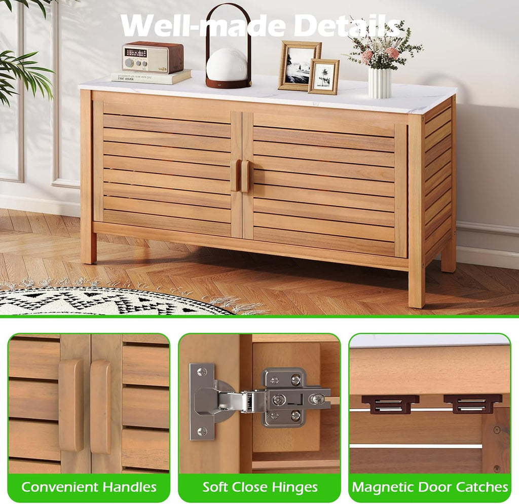 KOMFOTTEU Baúl de Jardín de Madera de Acacia, Caja de Almacenamiento con Doble Puerta y Tapa de Mármol Artificial, Arcón Exterior con Patas Ajustables, Contenedor Organizador para Patio