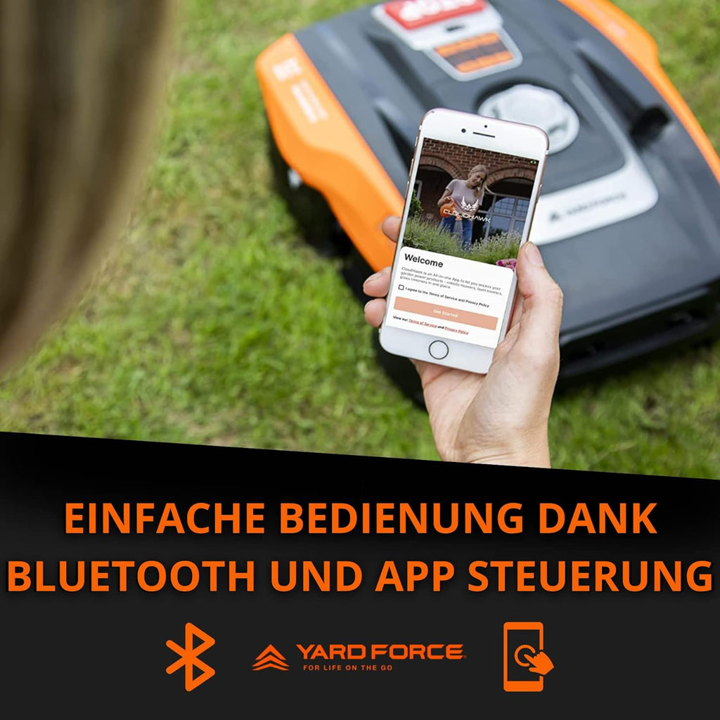Yard Force Force Compact 300RBS Robot cortacésped hasta 300 m² con control Bluetooth y aplicación, motor sin escobillas, batería 20 V/2,0 Ah, negro/naranja