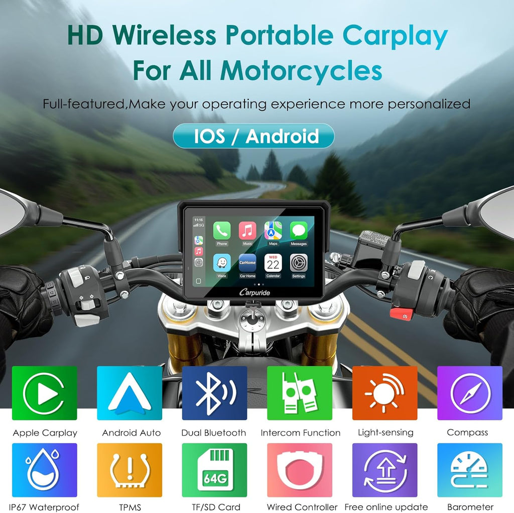 Carpuride W502S Pro - GPS inalámbrico para Motocicleta, Carplay/Android Auto, Pantalla táctil Impermeable de 5", con Soporte BM05, Bluetooth Trans, Mando a Distancia con Cable y navegación