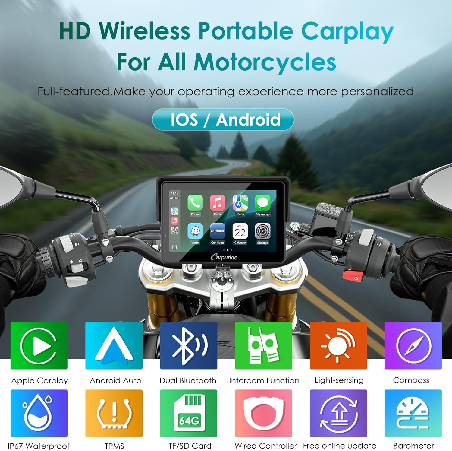Carpuride W502S Pro - GPS inalámbrico para Motocicleta, Carplay/Android Auto, Pantalla táctil Impermeable de 5", con Soporte BM05, Bluetooth Trans, Mando a Distancia con Cable y navegación