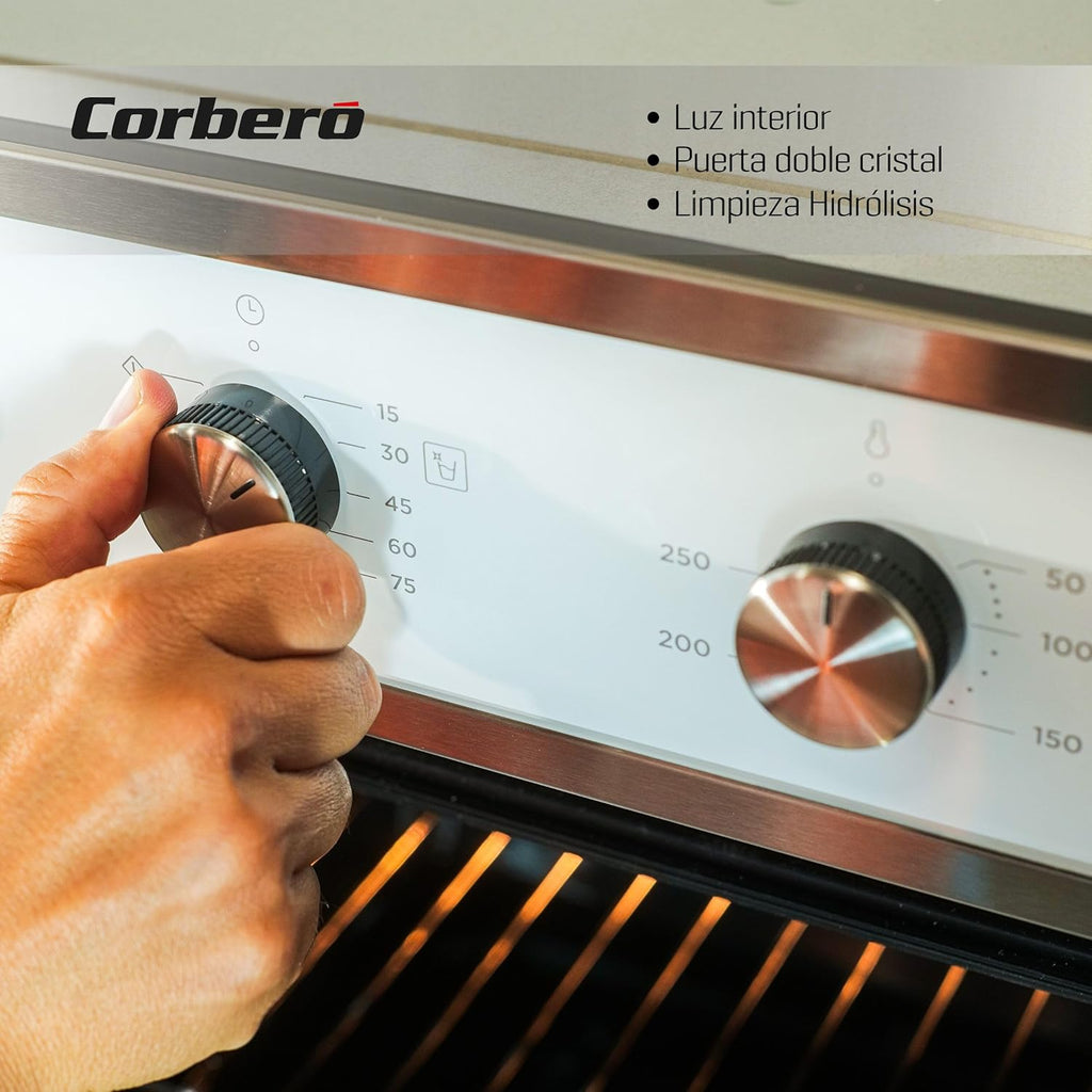 Corberó - Horno convección 70L | CCHM603W | 60x60x58 cm |Convencional con 4 Programas | Luz Interior | Limpieza Hidrólisis | Puerta Doble Cristal | 2100W | Blanco perfil Inox