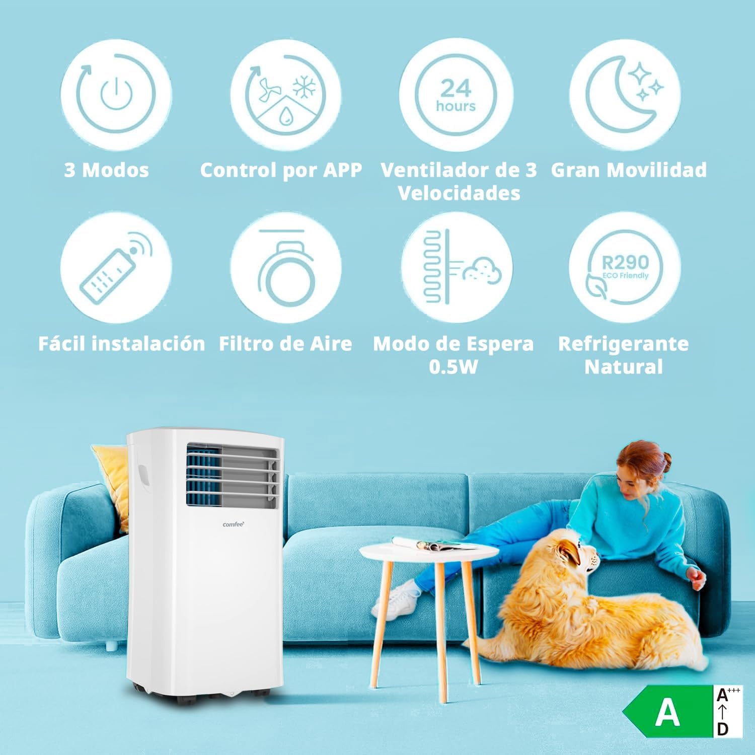 COMFEE Pingüino Aire Acondicionado Portátil 8000 BTU / 2000 Frigorías – Climatizador sin unidad exterior – Enfriador Silencioso Bajo Consumo con Kit de Ventana | 3x1 Refrigera, Ventila y Deshumidifica