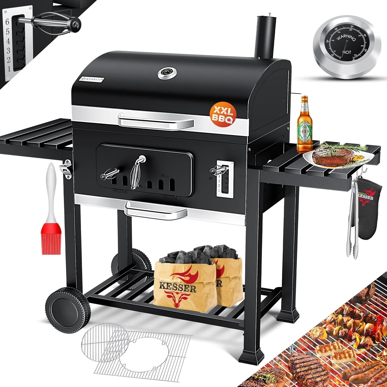 KESSER® Charcoal Grill with Grill Cart with Lid, Wheels, Stainless Steel Handle | Barbecue and Thermometer Charcoal Large BBQ Grill Camping Terrace Garden XXL Black