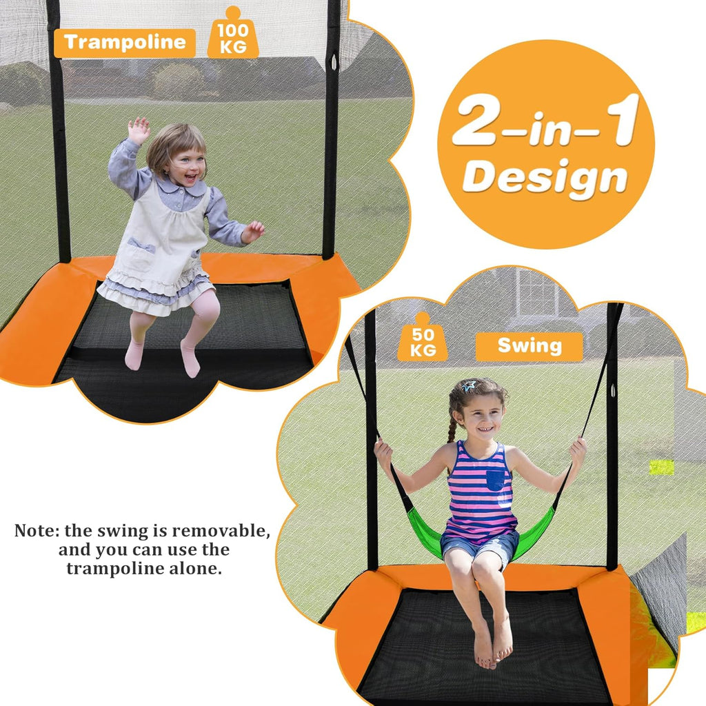LIFEZEAL Trampolín con Columpio para Niños, Cama Elástica Infantil con Red Protectora de Malla & Puerta, Ideal para Interior y Exterior