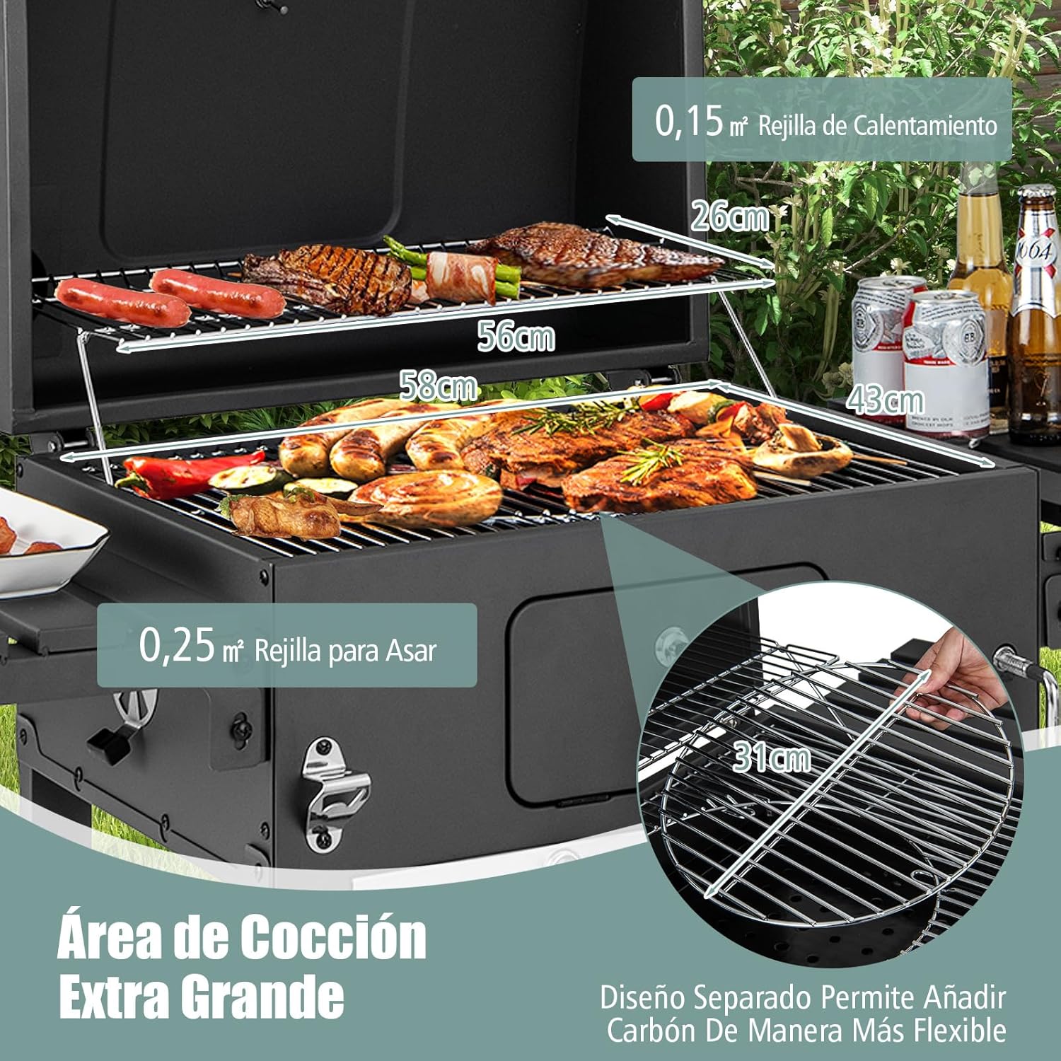 COSTWAY Barbacoa Carbon XXL, Barbacoa Portatil 128 x 54x 117 cm, Tapa, Termómetro, 2 Mesas Laterales Plegables, 8 Ganchos, 2 Ruedas y Abridor de Botellas