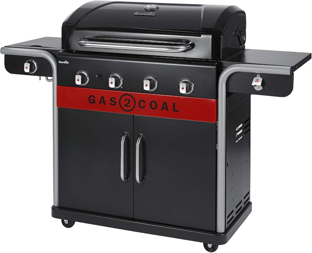 Char-Broil Barbacoa de Gas Gas2Coal 2.0 440 - Barbacoa híbrida de 4 quemadores con 2 bandejas para carbón patentadas, 2 grandes puertas - Ideal para cocinar al aire libre, jardín y patio