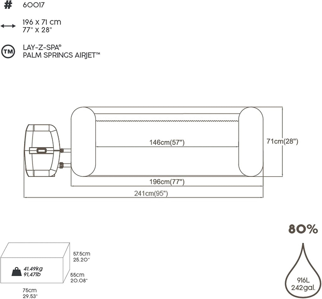 Bestway Lay-Z-SPA® 77" x 28"/1.96m x 71cm Palm Springs AirJet