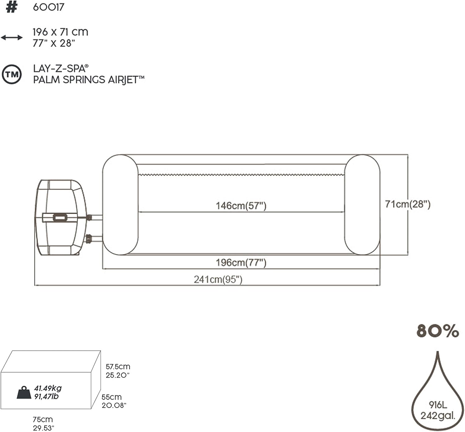 Bestway Lay-Z-SPA® 77" x 28"/1.96m x 71cm Palm Springs AirJet