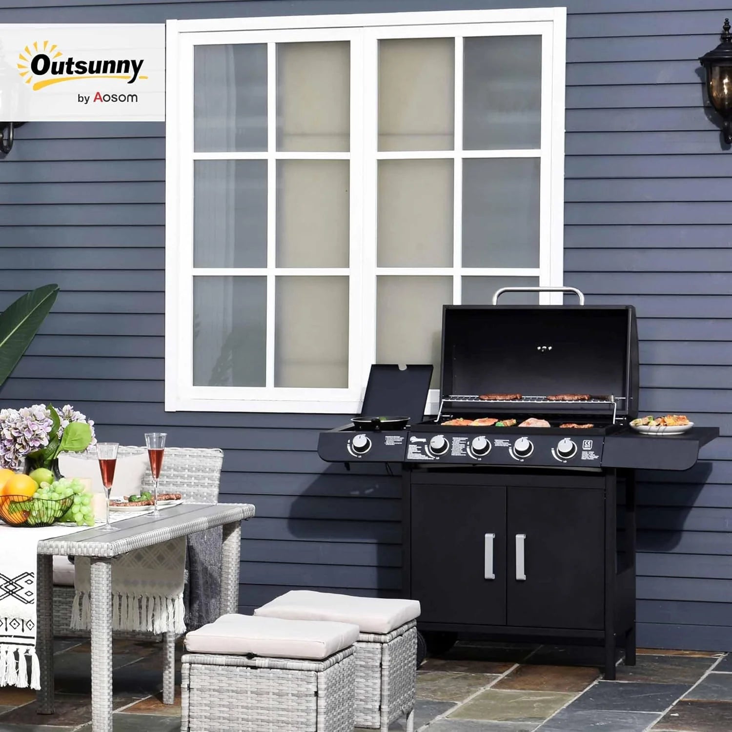 Outsunny Gas Barbecue with 4+1 Burners 14.4 KW Side Tables Storage Cabinet Thermometer and 2 Wheels Stainless Steel BBQ 125 x 51 x 100 cm Black