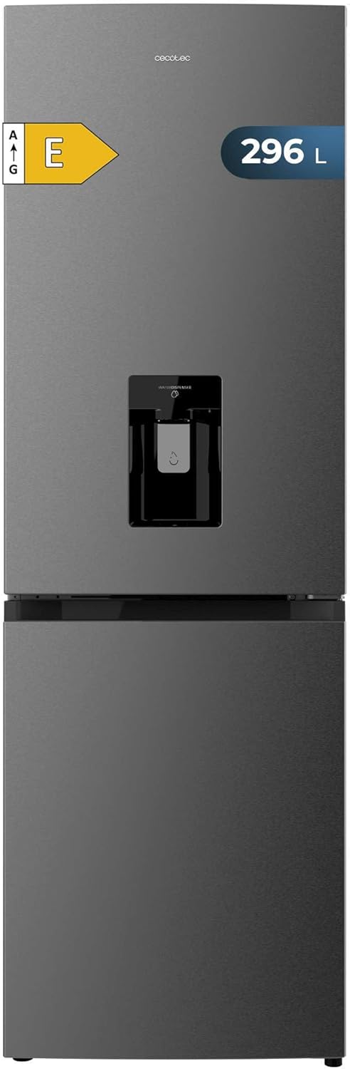 Cecotec Frigorífico Combi 2 Puertas con dispensador de agua Bolero CoolMarket Combi 296 DF WD Dark E. 296L, 60cm de ancho, Funciones FastCooling, FastFreezing y DeFrost, LED interior, Dark Inox