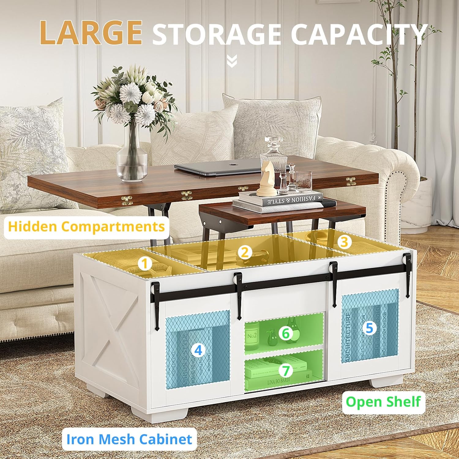 VOWNER Mesa de Centro Elevable, Mesa Extensible, Multifuncional 3 en 1 con Almacenamiento Oculto - Comedor, Convertible, Estilo Granja, Nogal