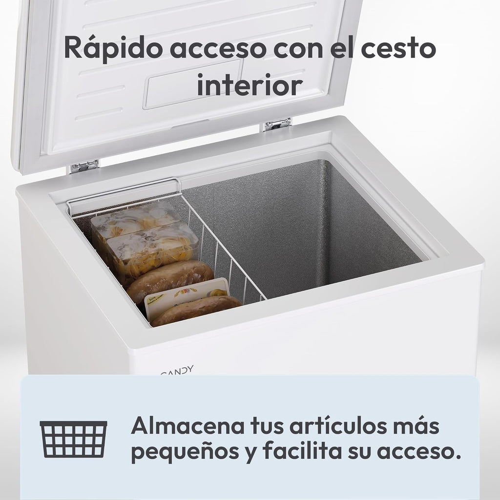 Candy CCHH 100E, Congelador Arcón Horizontal, Ancho 55CM, 97L, Tecnología Estática, 1 Cesto, Control Electrónico Externo, Indicador de Temperatura, Alarma Aumento de Temperatura, 39DB, Blanco