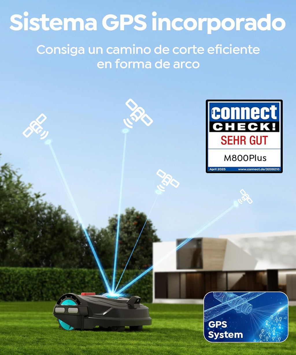 M800Plus Robot Cortacésped sin Cable Perimetral, 800 m², Posicionamiento GPS + Visión IA, Robot Cortacésped sin Cables, Modo de Corte en U, Detección de 150 Obstáculos, Carga Automática, App