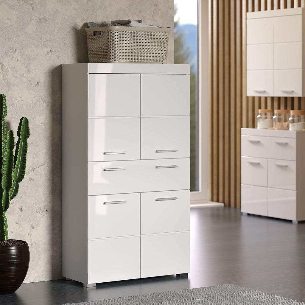 trendteam smart living Armario Alto para baño Amanda, 73 x 132 x 31 cm, en Blanco y Blanco de Brillo Intenso con cajón y abundante Espacio de Almacenamiento