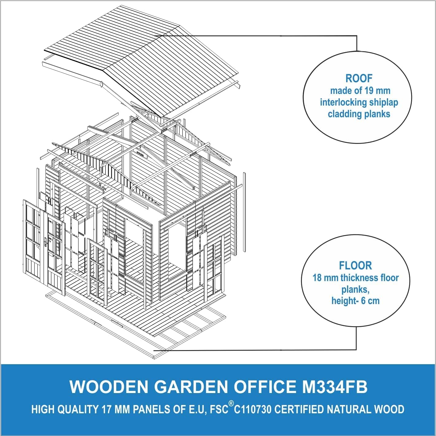 TIMBELA Caseta de jardín de Madera de 6 m2 - Cobertizo Jardin Exterior con Suelo, Ventana, Puerta Doble - Cabaña de jardín para Trabajar en casa - con Tejas bituminosas Verde M334FB+H334FBGREEN
