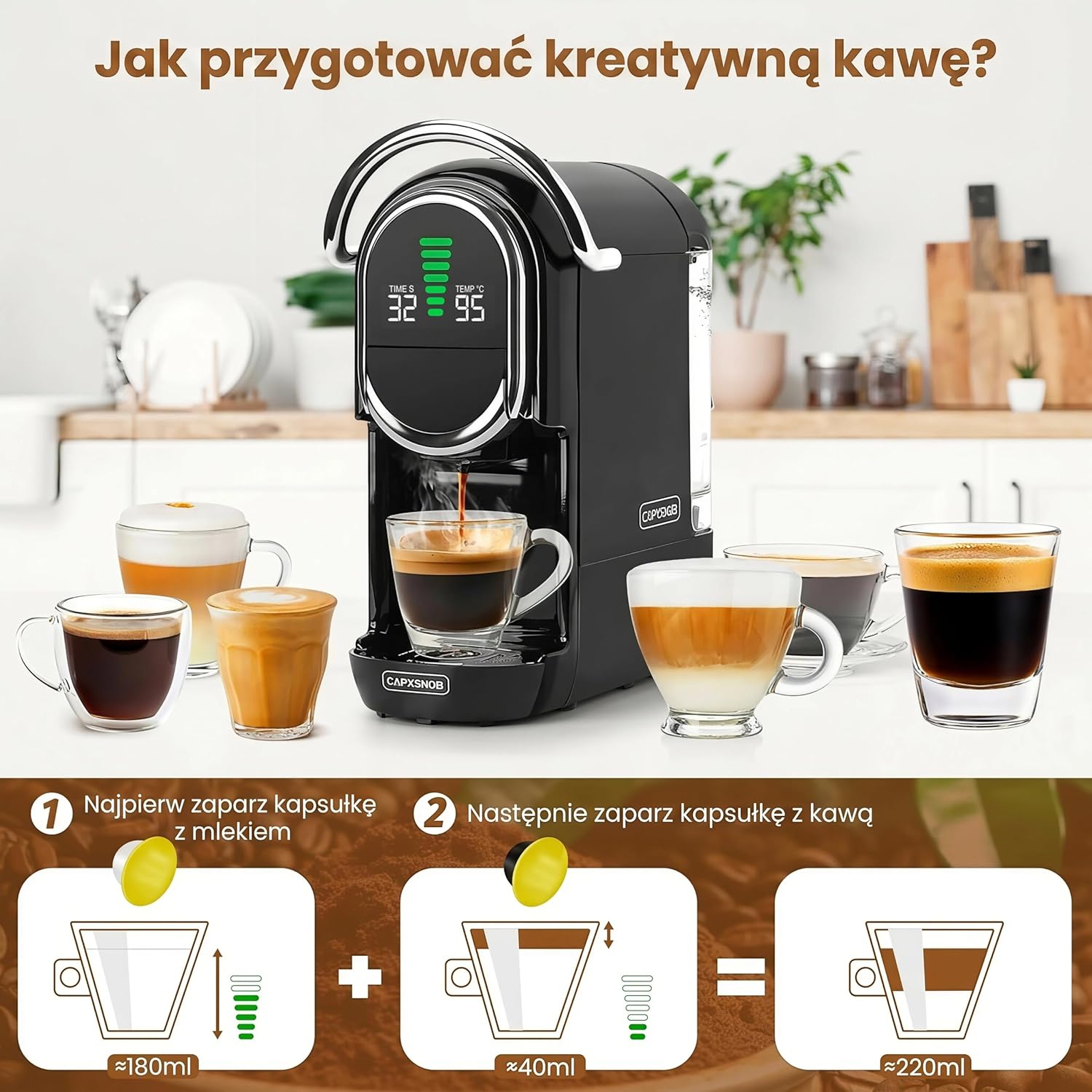 Magician1 Mini Multikapsułkowy Ekspres do kawy 5 w 1, do Nespresso, Dolce Gusto, Lavazza A Modo Mio, Saszetki ESE 44mm i Kawy Mielonej, 20 Barów Włoska Pompa,1450W, Wyświetlacz LED, do Domu i Biura