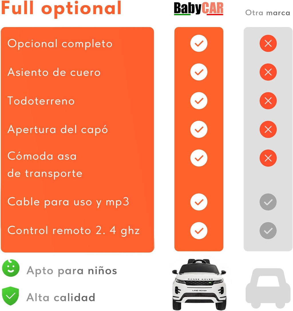 BabyCar Range Rover | Coche electrico para niños 12V con 2 Motores 35W | Coche Bateria con Mando Niño, Asiento de Piel, Puertas abatibles, MP4/USB | Licencia Oficial | Blanco